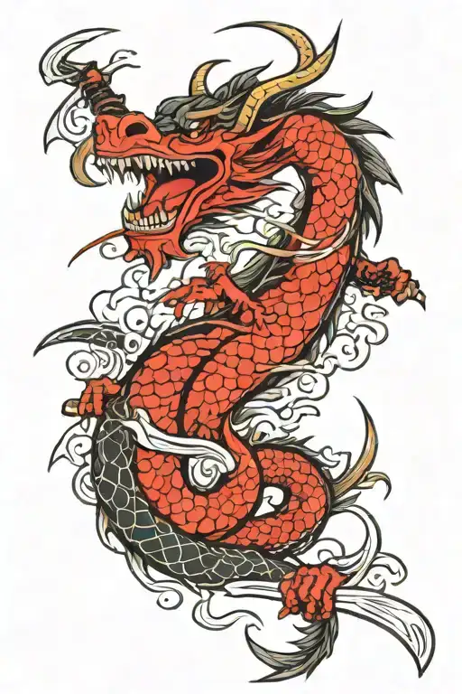 Dragon with katana sword tattoo design idea