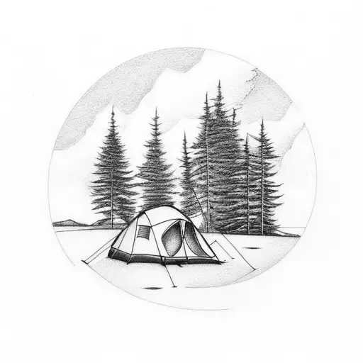 fineline tattoo of a camping scene that features water, fire, earth and air tattoo design idea