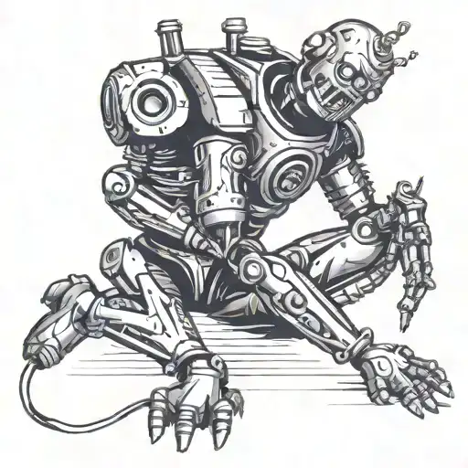 iron robot chokes a man from behind tattoo design idea