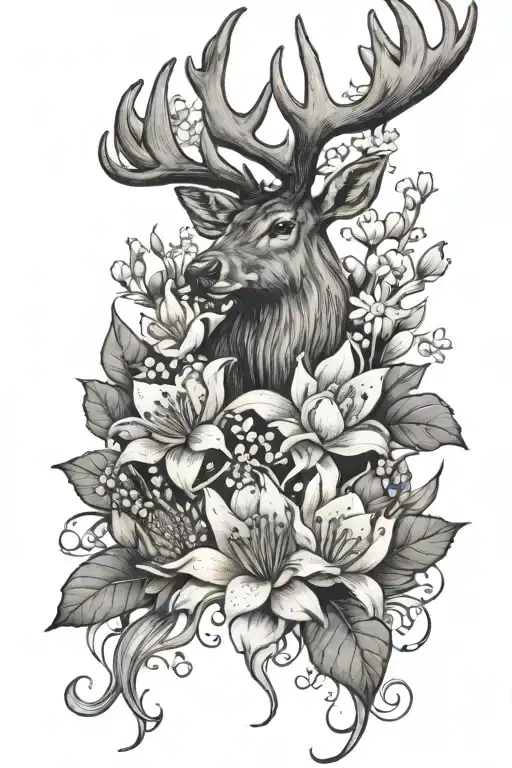 elk antler with lily of the valley and water lily  tattoo design idea