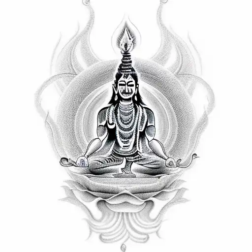 A realistic tattoo of a meditating Shiva with intricate details and shading, capturing the divine essence and tranquility of the deity tattoo design idea