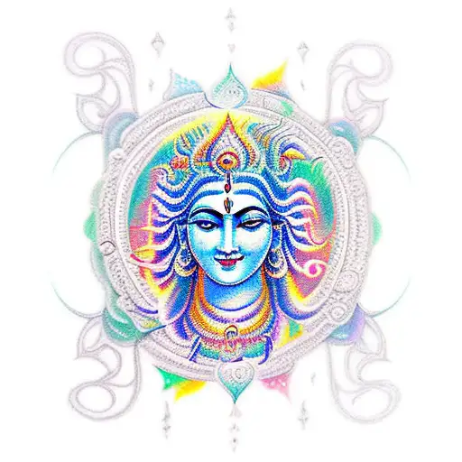 A new-school tattoo of a whimsical Shiva surrounded by vibrant flowers and psychedelic patterns, representing the client's spiritual connection and love for Hindu mythology tattoo design idea