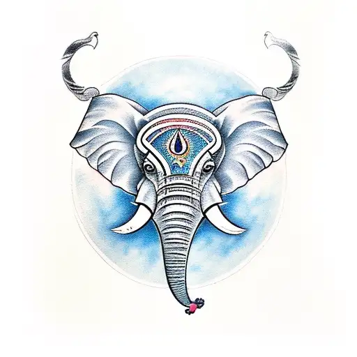 A traditional tattoo of a majestic elephant adorned with Shiva's trident and third eye, symbolizing strength, wisdom, and the client's devotion to Shiva tattoo design idea
