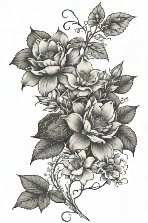 floral sleeve with hawthorn, rose, honeysuckle, larkspur, two water lilies, and a morning glory  tattoo design idea