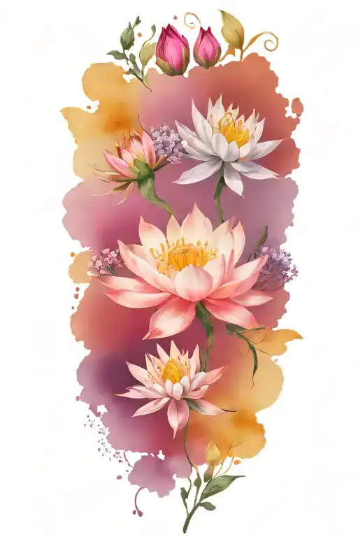 flowers intertwined including one rose, honeysuckle, hawthorn, larkspur, two water lilies, and an aster tattoo design idea