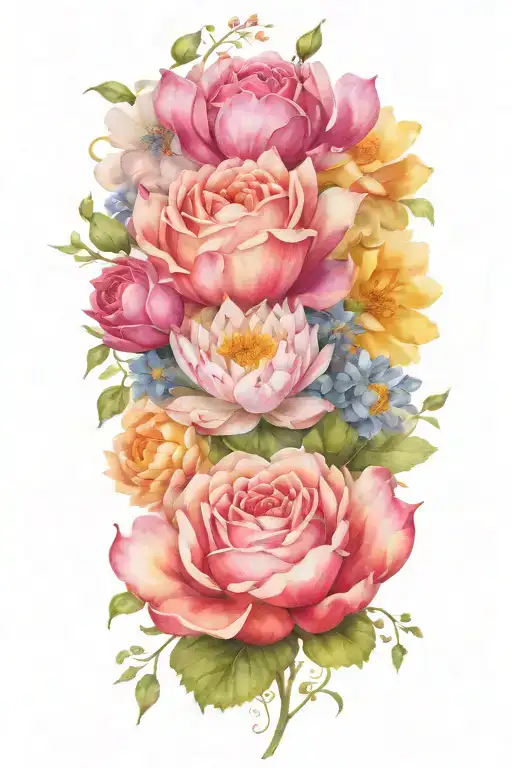 flowers intertwined including one rose, honeysuckle, hawthorn, larkspur, two water lilies, and an aster tattoo design idea
