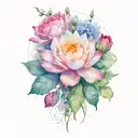 one rose, two water lilies, honeysuckle, hawthorn, larkspur, and an aster tattoo design idea