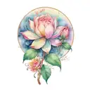 one rose, two water lilies, honeysuckle, hawthorn, larkspur, and an aster tattoo design idea