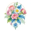 one rose, two water lilies, honeysuckle, hawthorn, larkspur, and an aster tattoo design idea