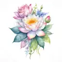 one rose, two water lilies, honeysuckle, hawthorn, larkspur, and an aster tattoo design idea