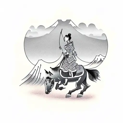 A businesswoman riding a horse in front of a mountain landscape tattoo design idea