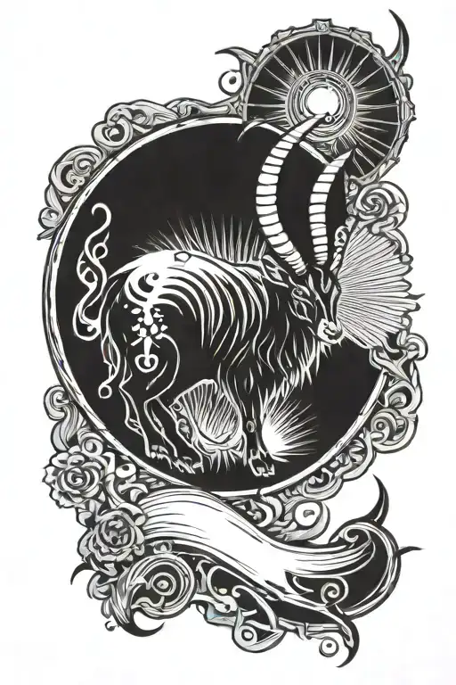 A Capricorn symbol with sun rays shinning from it, with goat horn.  tattoo design idea