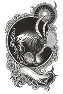 A Capricorn symbol with sun rays shinning from it, with goat horn.  tattoo design idea