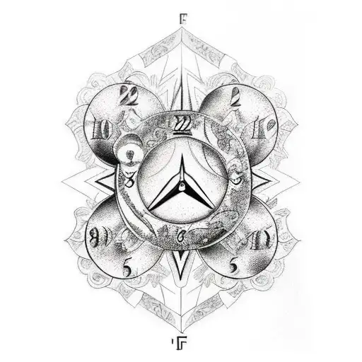 full sleeve arm tatto art with life symbols, hourglass, clock, illuminati symbols, compass and roses tattoo design idea