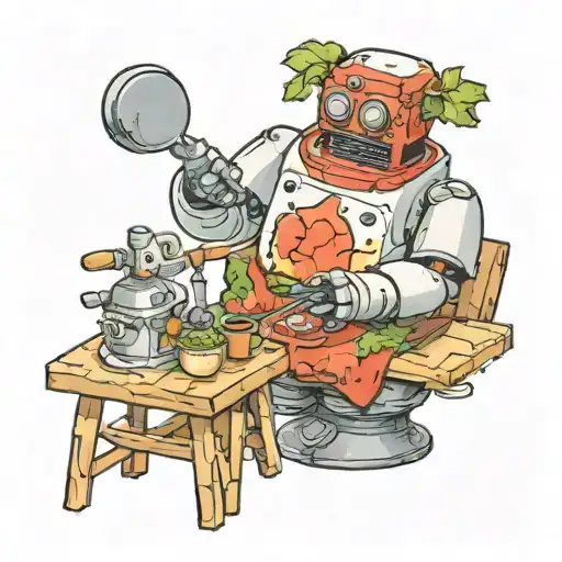 A robot chef delicately painting a miniature landscape on a tiny canvas tattoo design idea