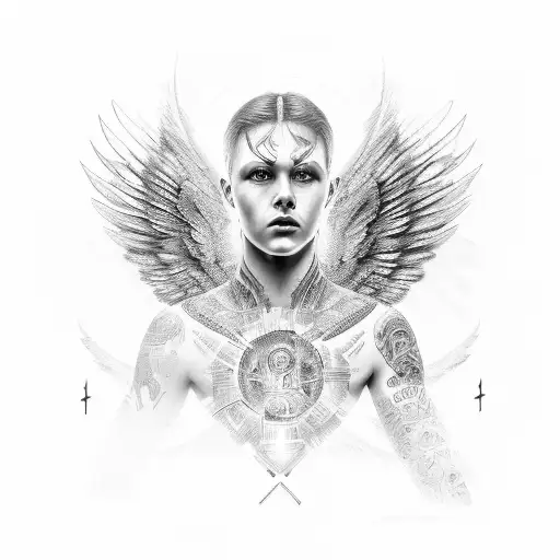 A detailed portrait of an archangel surrounded by binary code tattoo design idea