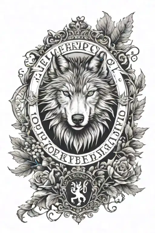 full sleeve tattoo black and white forest with the Liverpool crest at the wrist, a wolf face above, the Hamilton crest tattoo design idea