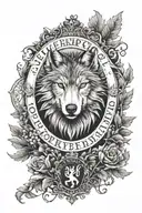 full sleeve tattoo black and white forest with the Liverpool crest at the wrist, a wolf face above, the Hamilton crest tattoo design idea