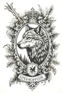 full sleeve tattoo black and white forest with the Liverpool crest at the wrist, a wolf face above, the Hamilton crest tattoo design idea