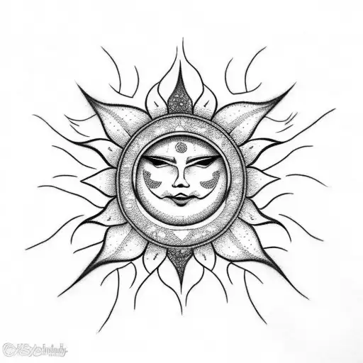A dotwork tattoo featuring a sun symbol with intricate patterns representing family and wealth tattoo design idea