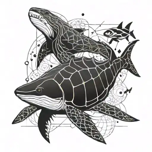 "Create an image featuring a mix of sea creatures, including sharks, manta rays, three whales, an octopus, and a turtle. tattoo design idea