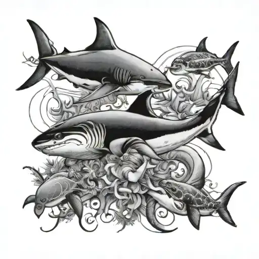 "Create an image featuring a mix of sea creatures, including sharks, manta rays, three whales, an octopus, and a turtle. tattoo design idea