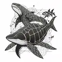 "Create an image featuring a mix of sea creatures, including sharks, manta rays, three whales, an octopus, and a turtle. tattoo design idea