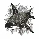 "Create an image featuring a mix of sea creatures, including sharks, manta rays, three whales, an octopus, and a turtle. tattoo design idea