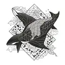 "Create an image featuring a mix of sea creatures, including sharks, manta rays, three whales, an octopus, and a turtle. tattoo design idea