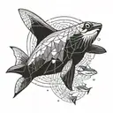 "Create an image featuring a mix of sea creatures, including sharks, manta rays, three whales, an octopus, and a turtle. tattoo design idea