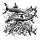 "Create an image featuring a mix of sea creatures, including sharks, manta rays, three whales, an octopus, and a turtle. tattoo design idea