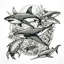 "Create an image featuring a mix of sea creatures, including sharks, manta rays, three whales, an octopus, and a turtle. tattoo design idea
