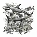 "Create an image featuring a mix of sea creatures, including sharks, manta rays, three whales, an octopus, and a turtle. tattoo design idea