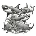 "Create an image featuring a mix of sea creatures, including sharks, manta rays, three whales, an octopus, and a turtle. tattoo design idea