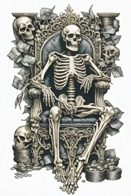 skeleton king sitting on throne that is on top of a pile of coins tattoo design idea