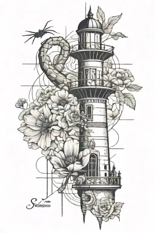 a scorpion, a sun, the words "MEMENTO VIVERE", a light house, a poppy flower and a falling tattoo design idea