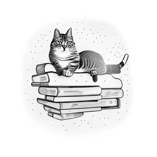 A bookshelf filled with books and a cat sleeping on top tattoo design idea