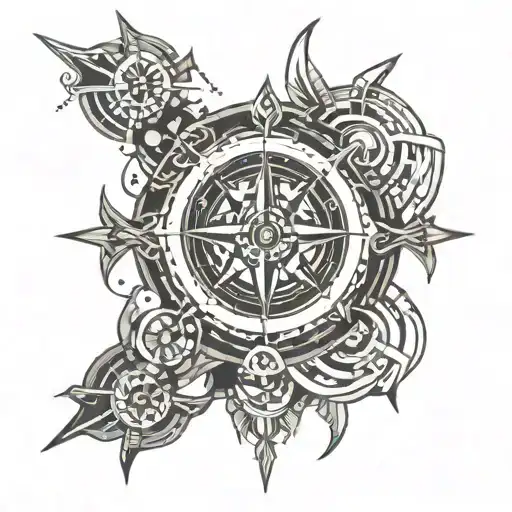 tribal and jet engine and compass on arm and chest tattoo design idea