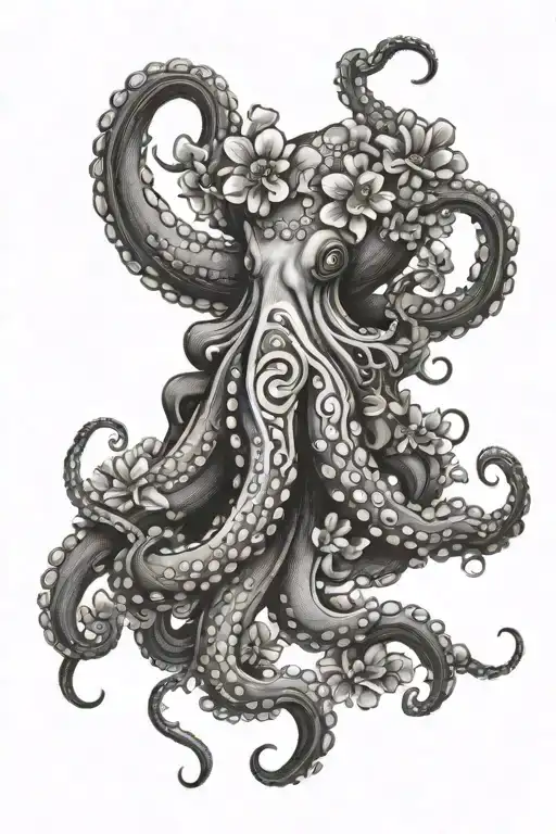 A detailed illustration of an octopus surrounded by swirling waves and flowers tattoo design idea