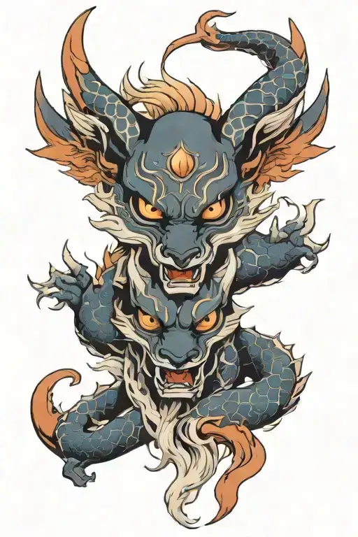 kitsune and dragon, Oni mask adorned tattoo design idea