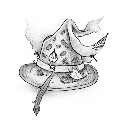 A tattoo of a witch's hat adorned with mushrooms and surrounded by autumn leaves tattoo design idea