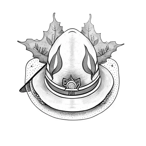 A minimalist tattoo of a witch's hat adorned with mushrooms and surrounded by autumn leaves tattoo design idea