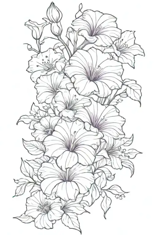 Floral Design incorporatig birth flowers: morning glory, show drop, violet and water lily, along with some babys breath. tattoo design idea