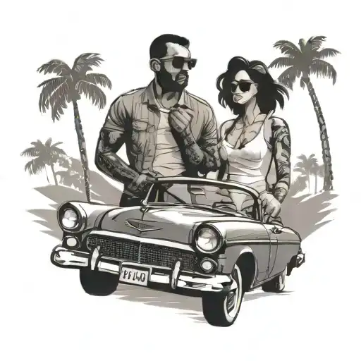 girl and guy with ski masks in a car in a cuban like road with palm trees  tattoo design idea