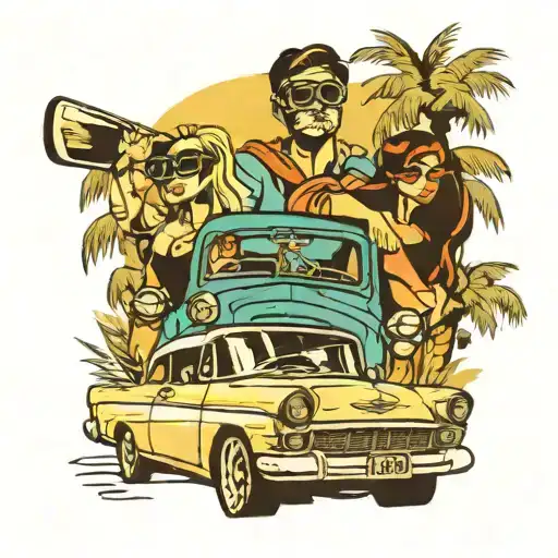 girl and guy with ski masks in a car in a cuban like road with palm trees  tattoo design idea