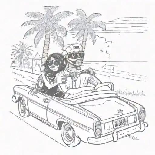 girl and guy with ski masks in a car in a cuban like road with palm trees  tattoo design idea