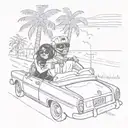 girl and guy with ski masks in a car in a cuban like road with palm trees  tattoo design idea