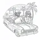 girl and guy with ski masks in a car in a cuban like road with palm trees  tattoo design idea