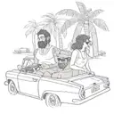 girl and guy with ski masks in a car in a cuban like road with palm trees  tattoo design idea