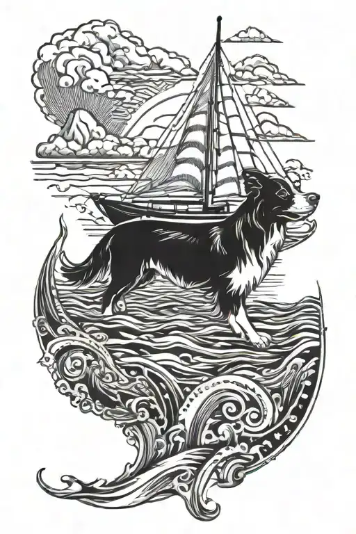 diving and sail boat with border collie tattoo design idea